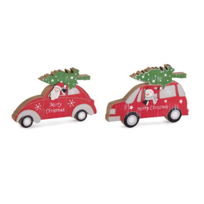 Set of 6 Red and Green Wood Car with Tree Table Top Decor 5.75