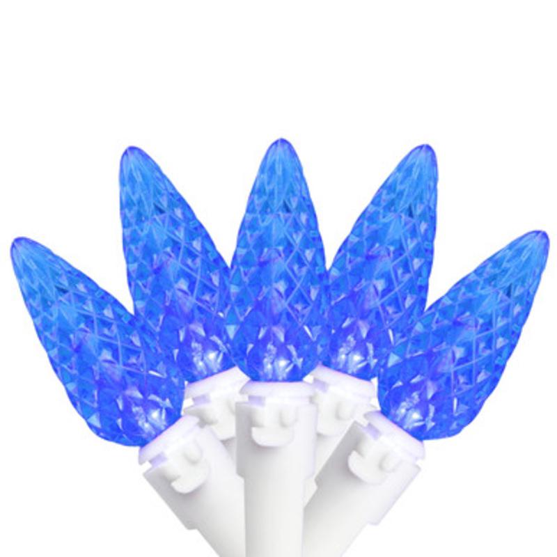 Set of 70 Blue Faceted LED C6 Christmas Lights 4 Bulb Spacing White Wire