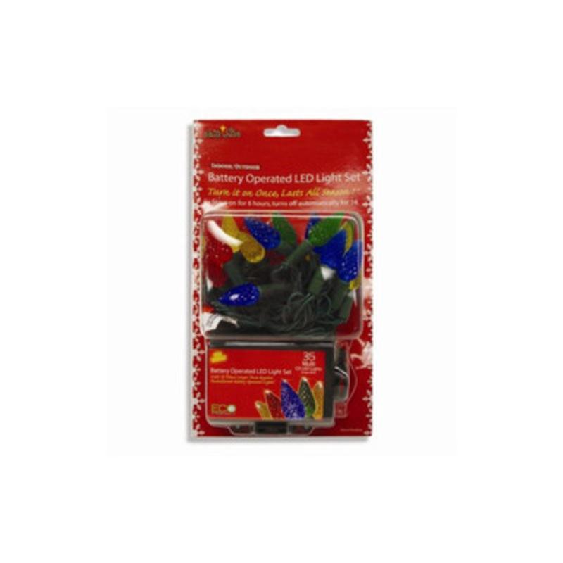 Set of 35 Battery Operated Multi-Color LED C6 Christmas Lights Green Wire