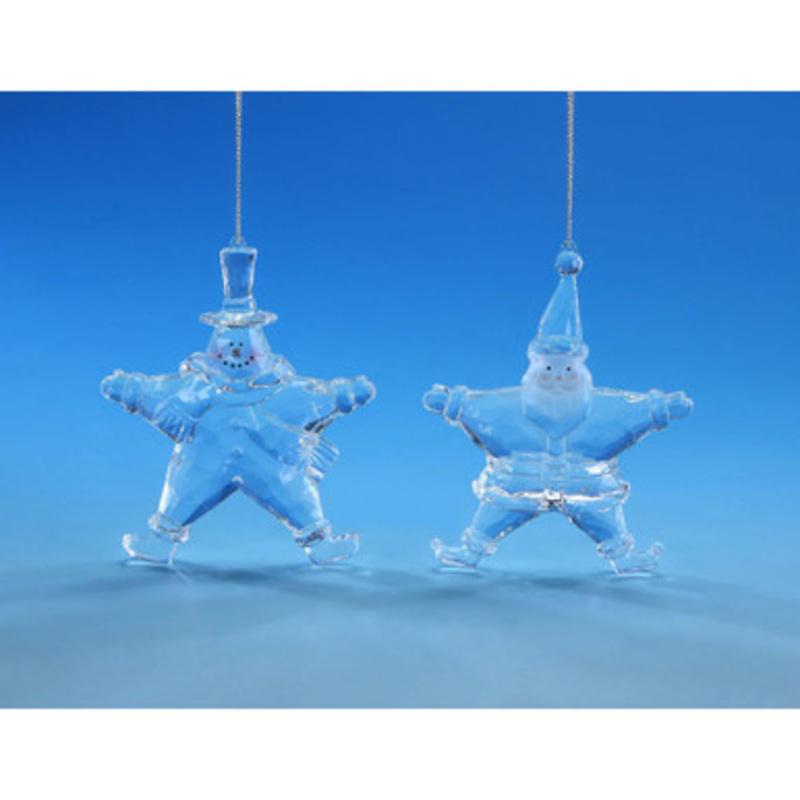 Set of 4 Clear Santa and Snowman Star Hanging Christmas Ornament 5.25