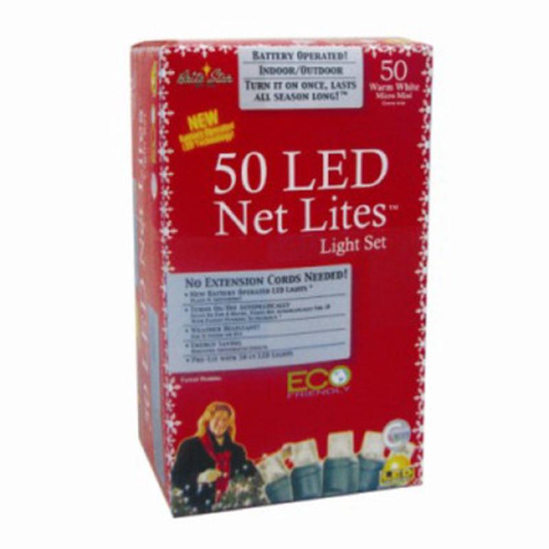 Set of 50 B/O Warm White LED Wide Angle Christmas Lights Green Wire