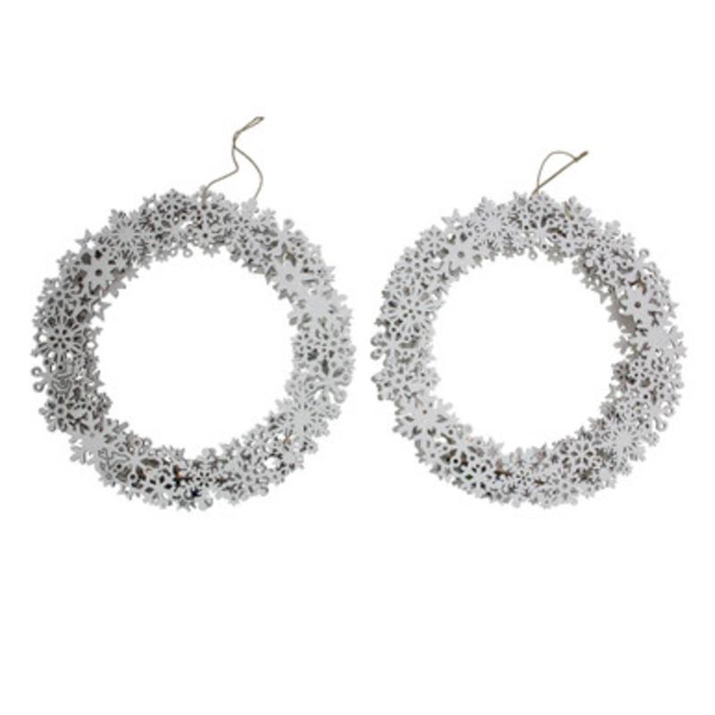 Set of 2 White Wooden Snowflake Wreaths Lighted Christmas Wall Decor 12.75