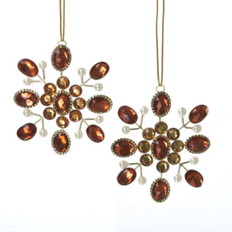Set of 24 Vintage Style Faceted Brown, Amber, and Clear Jeweled Snowflake Christmas Ornaments, 3
