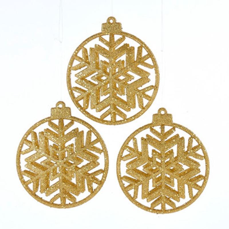 Set of 3 Gold Glitter Snowflake Disc Hanging Christmas Ornaments 4