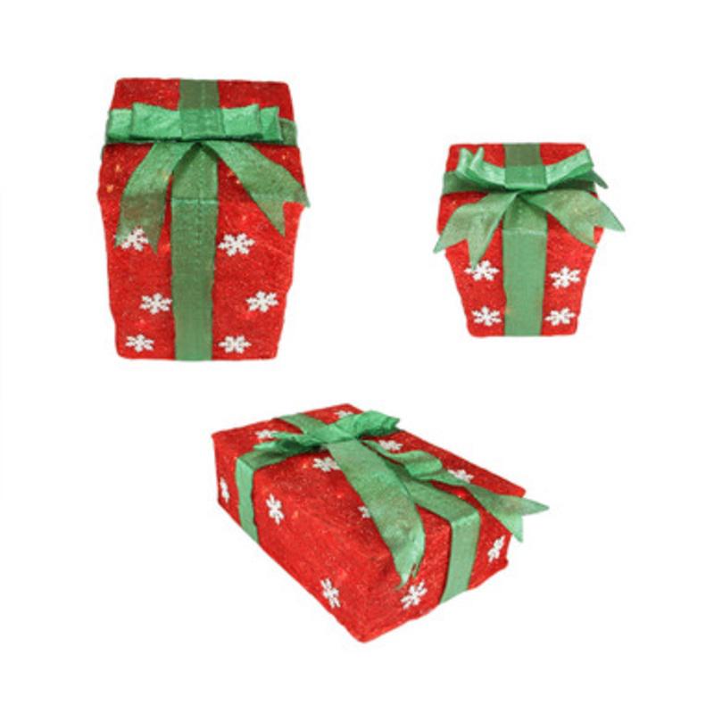 Set of 3 Lighted Red with Green Bows and Snowflakes Gift Boxes Outdoor Christmas Decorations 13