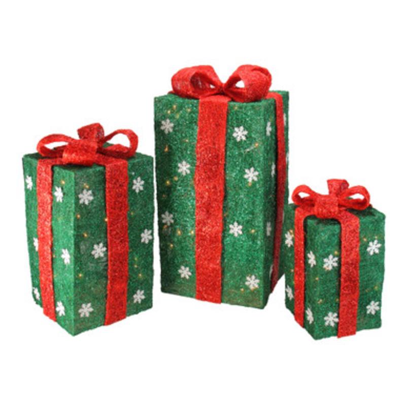 Set of 3 Lighted Tall Green Gift Boxes with Red Bows Christmas Outdoor Decorations 18