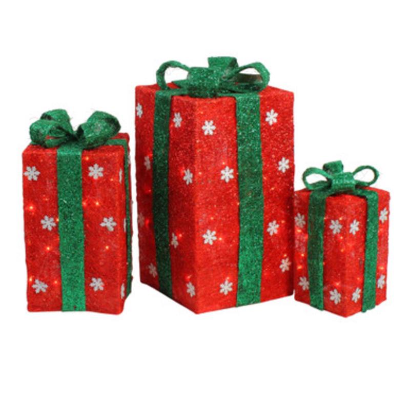 Set of 3 Lighted Tall Red Gift Boxes with Green Bows Christmas Outdoor Decorations 18