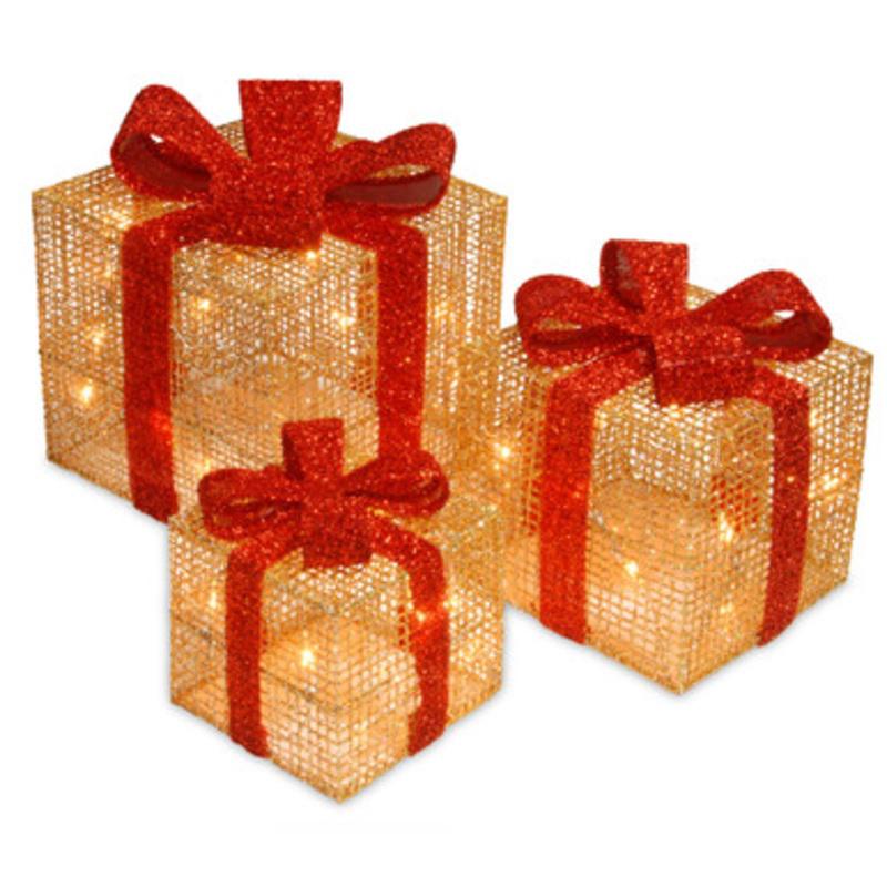 Set of 3 Pre-Lit Christmas Gift Boxes, Clear Lights