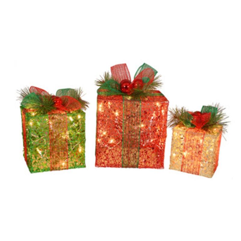Set of 3 Pre-Lit Red and Green Glitter Gift Box Outdoor Christmas Yard Decors 10