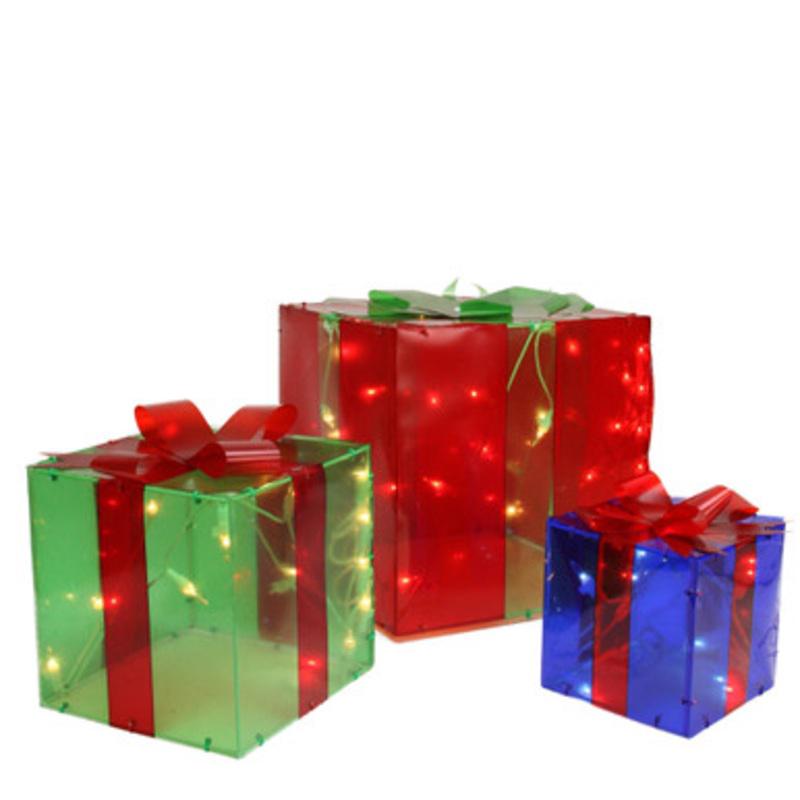Set of 3 Pre-Lit Red, Green and Yellow Glistening Gift Box Christmas Outdoor Decorations