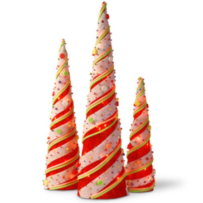 Set of 3 Red and Beige Pre-Lit Cones Christmas Decor 39.25