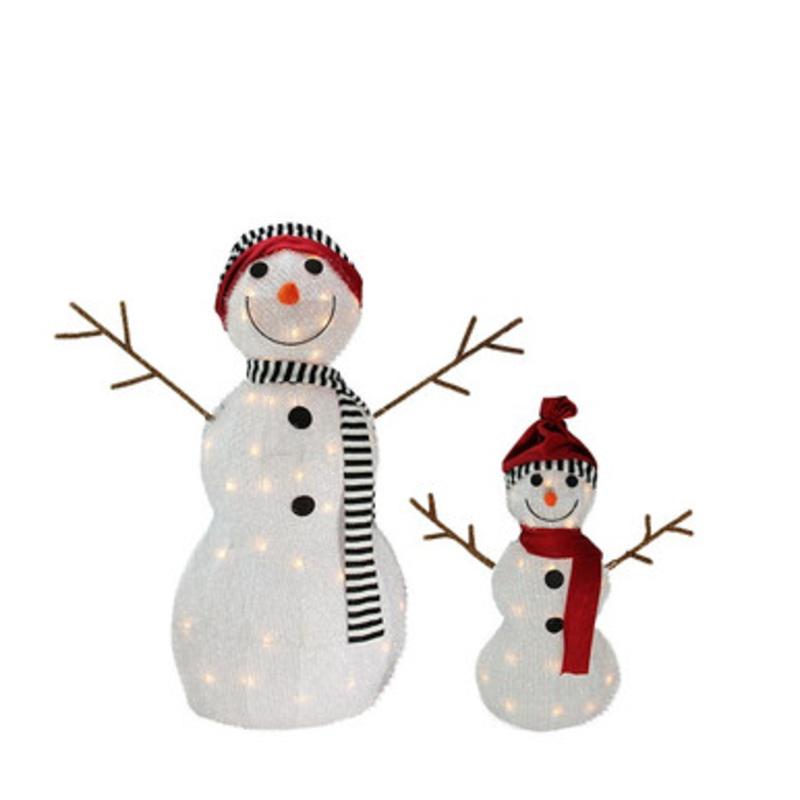 Set of 2 Lighted 3-D Tinsel Snowman Family Christmas Yard Art Decoration 32
