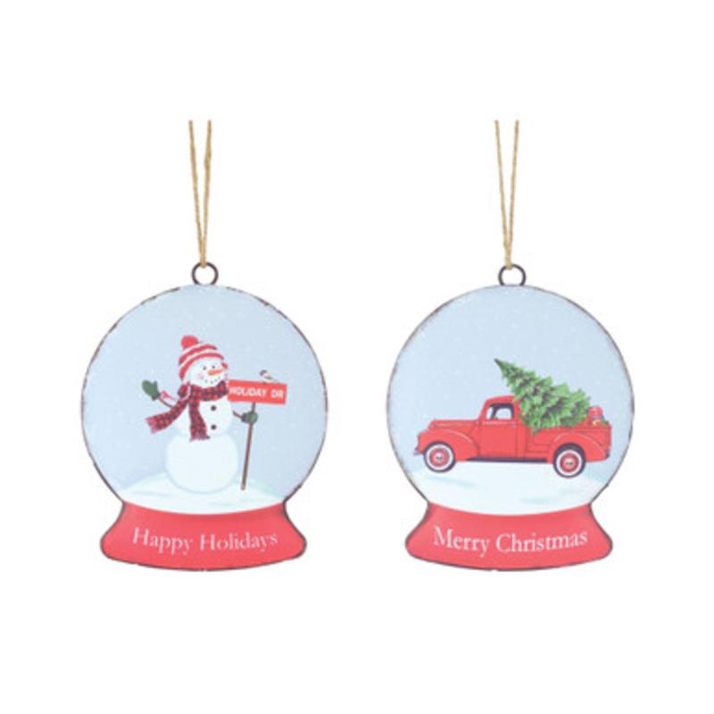 Set of 12 White and Red Snowman and Truck Snow Globe Disc Ornament 28