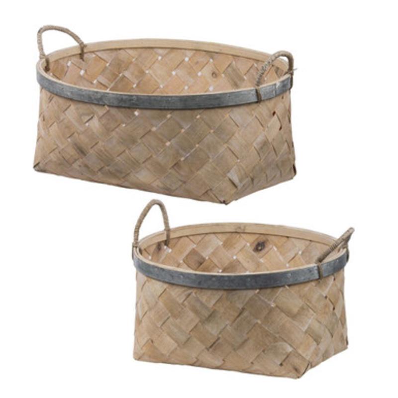 Set of 2 Brown and Metallic Gray Woven Bamboo Baskets 18.5