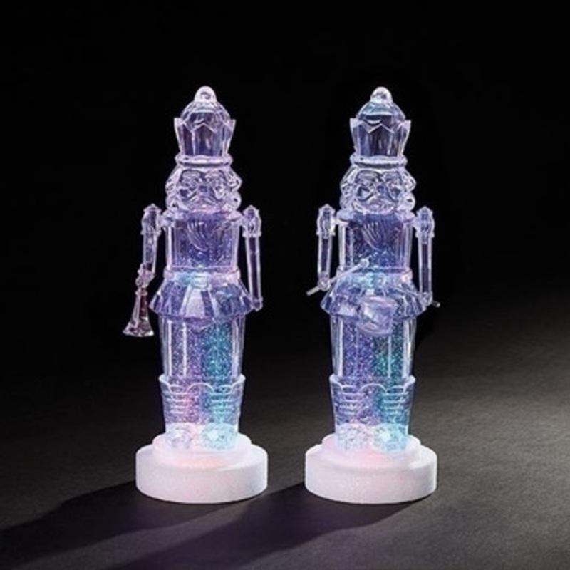 Set of 2 Clear LED Crystal Glitter Swirl Christmas Nutcrackers Battery Operated 12.5