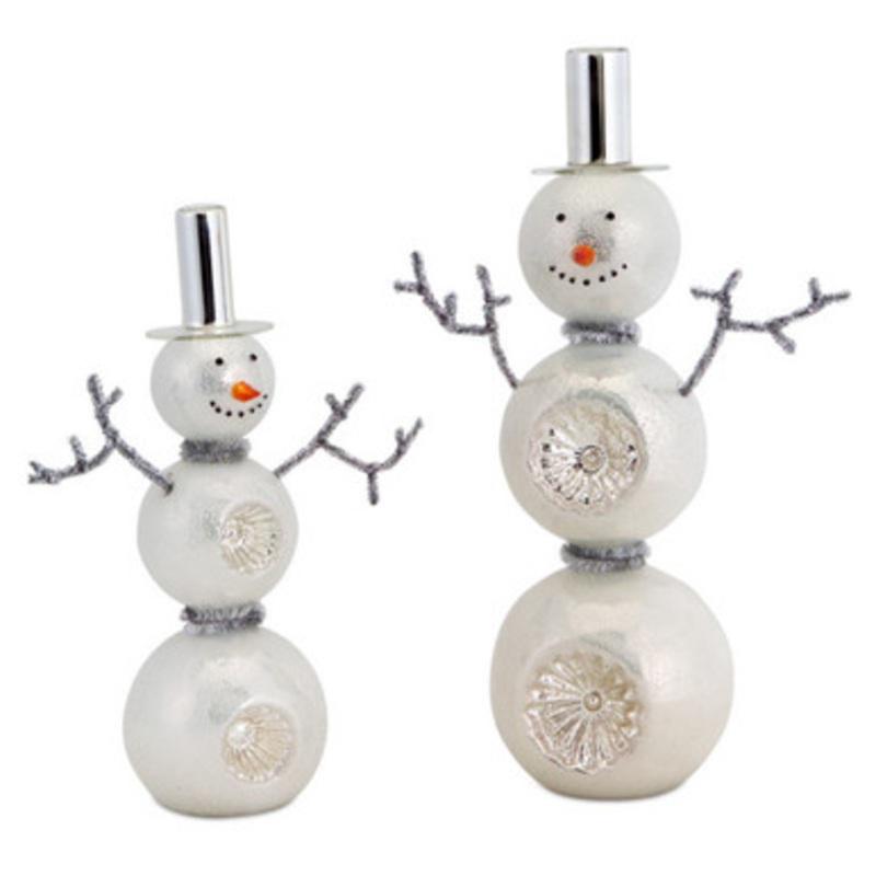 Set of 2 Glass Snowman Table Piece Figures Accented with Tinsel Arms 13