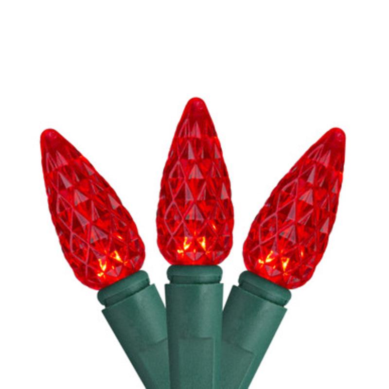 Set of 100 Faceted Red LED C6 Christmas Lights Green Wire