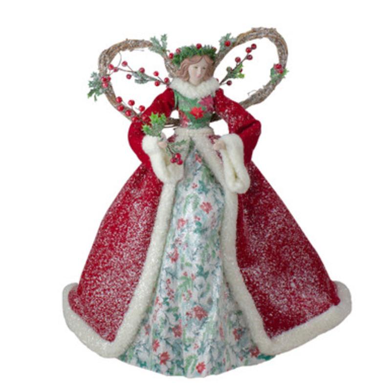 Set of 2 Beige and Red Holly Floral Dress Angel Christmas Tree Toppers 17