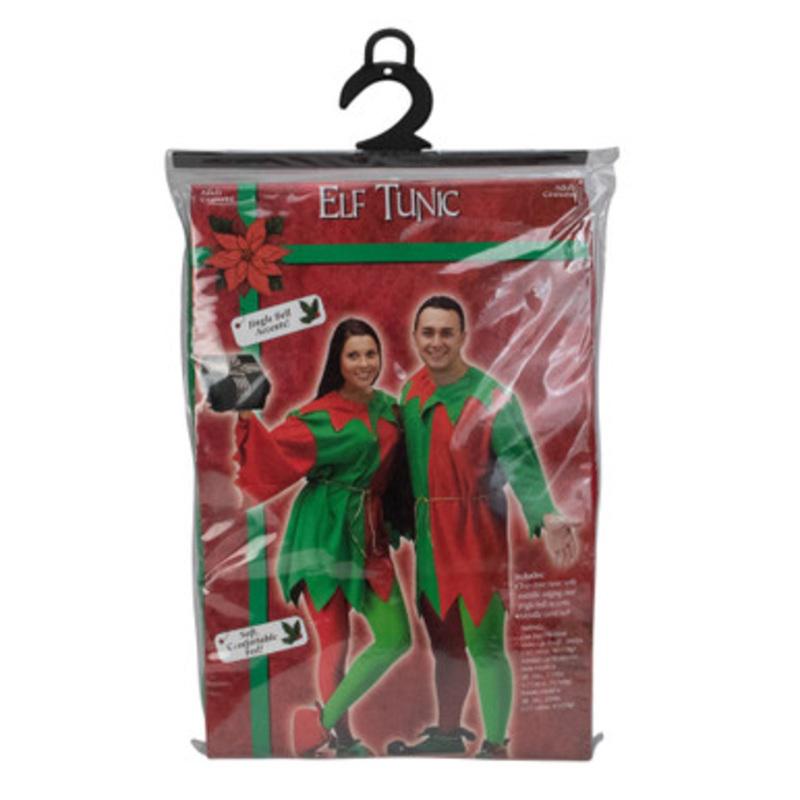 Red and Green Elf Tunic Adult Christmas Costume with Jingle Bells One Size