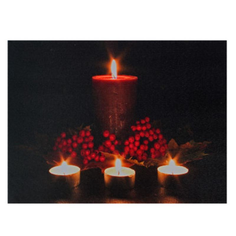 Red and Green LED Lighted Candles Christmas Canvas Wall Art 12 x 15.75
