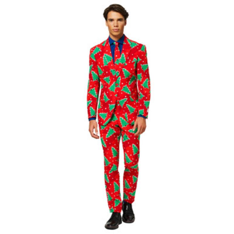Red and Green Pine Tree Print Mens Adult Christmas Suit  US46