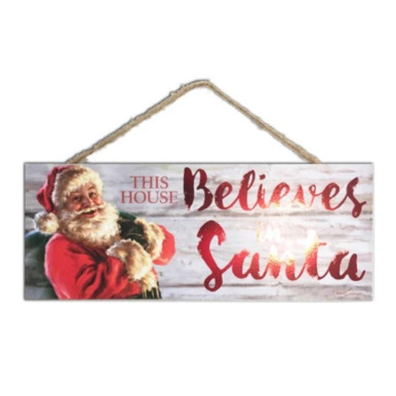 Red and White Santa Printed Rectangular Christmas Wall Sign with Rope Hanger 4 x 10