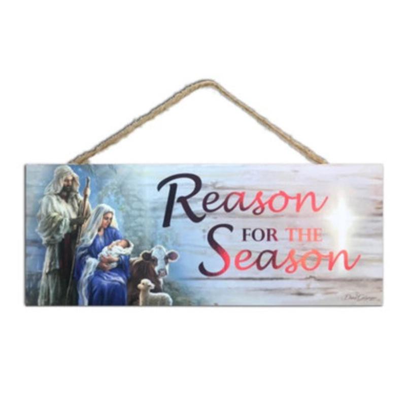 Red and Blue Reason for the Season Christmas Rectangular Sign with Rope Hanger 4 x 10