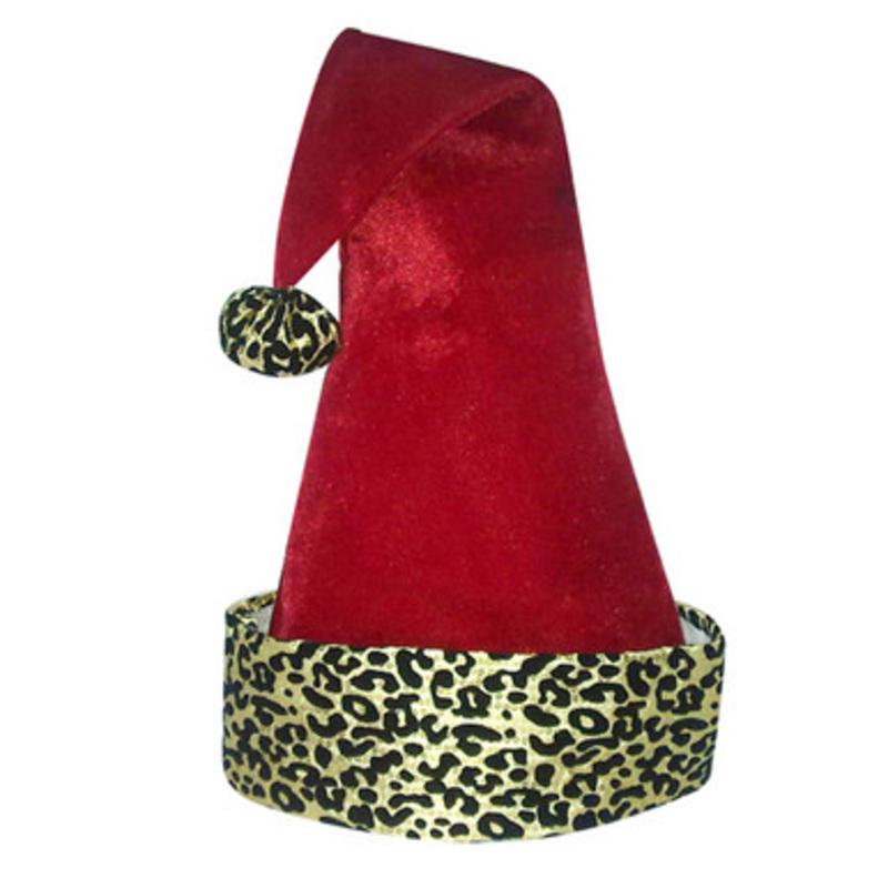 Red and Gold Leopard Print Santa Hat Unisex Adult Christmas Costume Accessory One Size