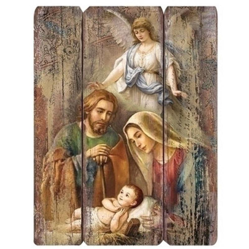 Pack of 2 Distressed Holy Family with Angel Nativity Scene Decorative Wall Art, 17