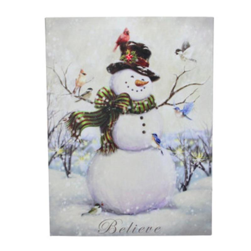 LED Lighted Snowman and Bird Friends Christmas Canvas Wall Art 15.75 x 12