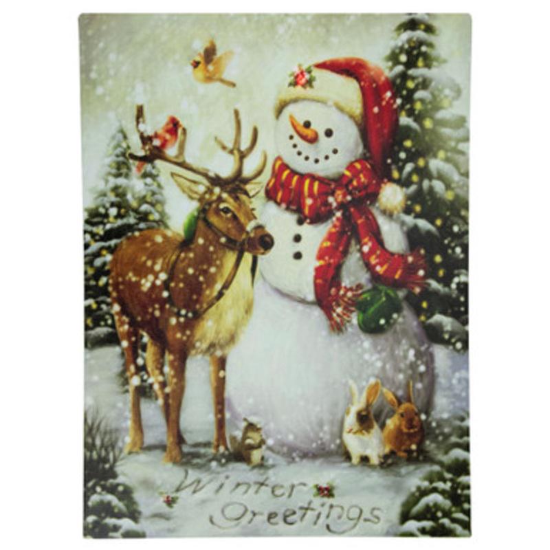 LED Lighted Snowman and Reindeer Christmas Canvas Wall Art 15.75 x 11.75