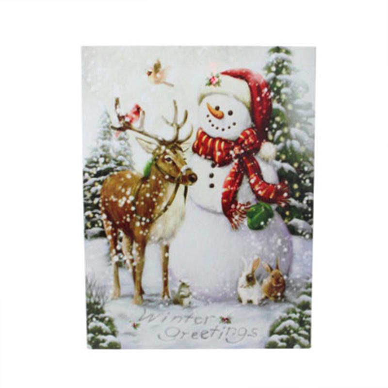 LED Lighted Snowman and Reindeer Christmas Canvas Wall Art 15.75 x 12