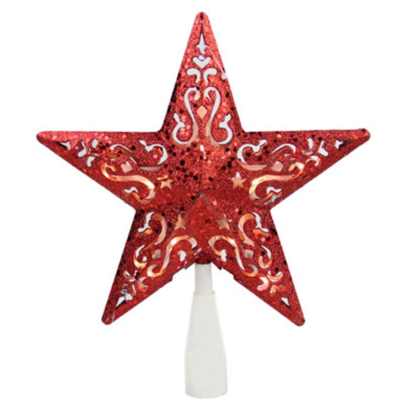 Lighted Glittered 5 Point Cut-Out Star Christmas Tree Topper  9.75 -Red  Clear Lights
