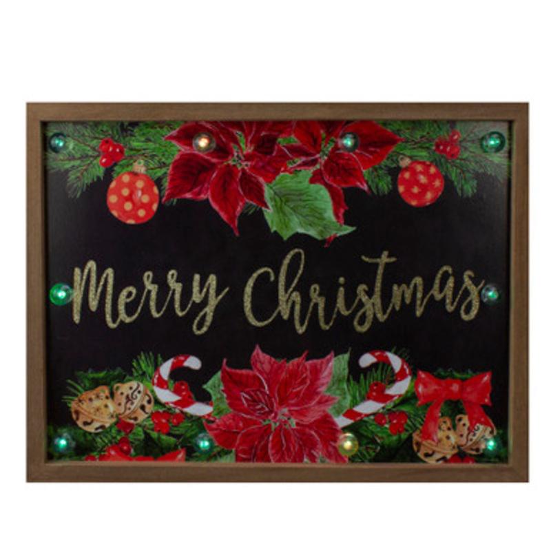Lighted Merry Christmas Poinsettias Wood Framed Christmas Plaque 15.75