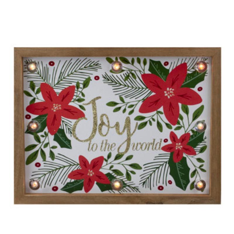 Lighted Wooden Frame Poinsettia Joy to the World Christmas Plaque 11.75