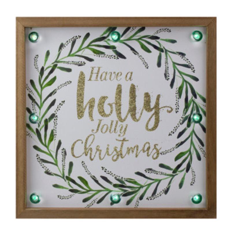Lighted Wooden Frame Wreath Have a Holly Jolly Christmas Plaque 11.75