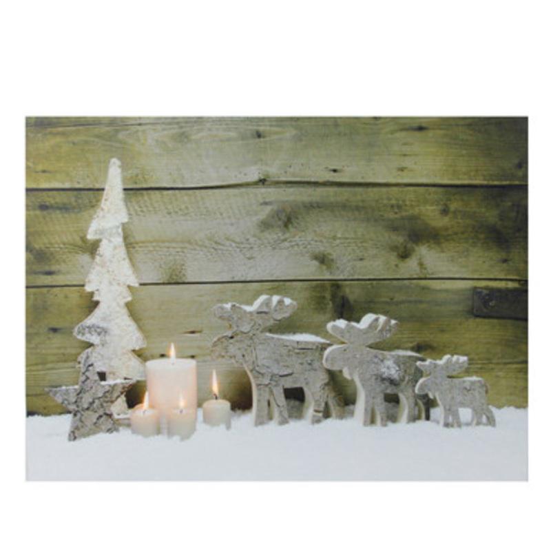 LED Lighted Country Rustic Reindeer and Candles Christmas Canvas Wall Art 12 x 15.75