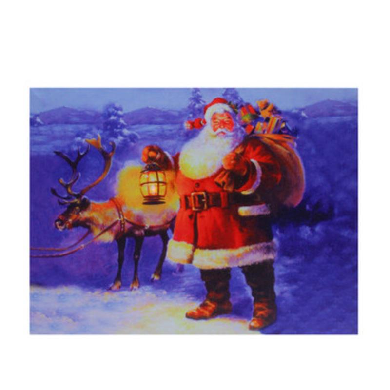 LED Lighted Santa Claus with Reindeer Christmas Canvas Wall Art 11.75 x 15.75