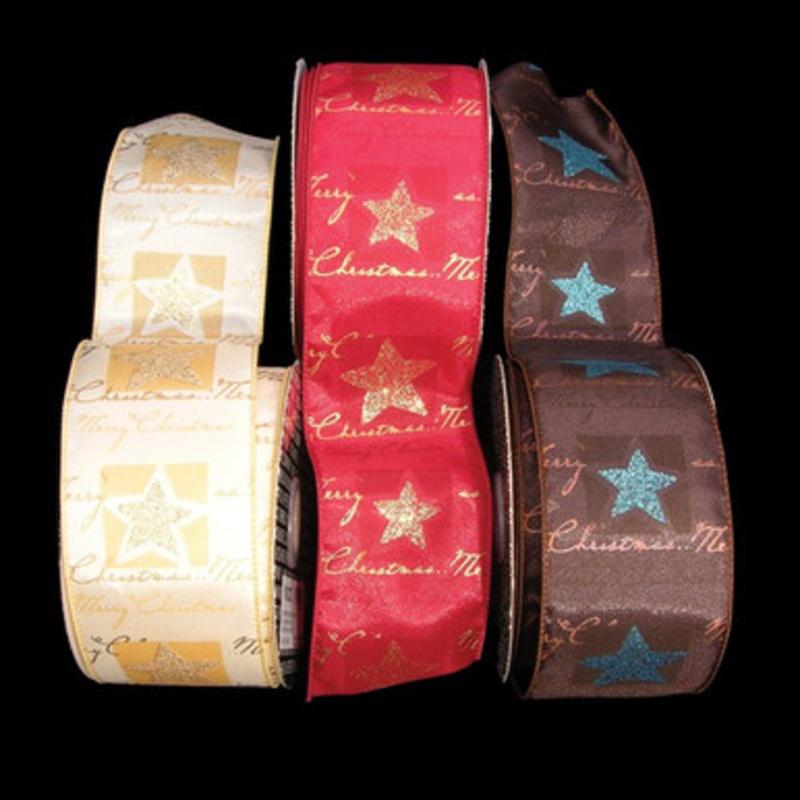 Brown and Blue Merry Christmas Holiday Star Wired Craft Ribbons 2.5 x 40 Yards