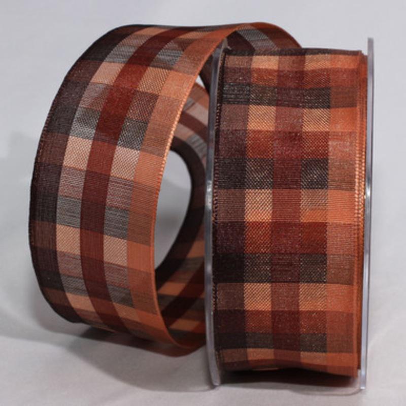 Brown and Cantaloupe Orange Plaid Wired Craft Ribbon 1.5 x 50 Yards