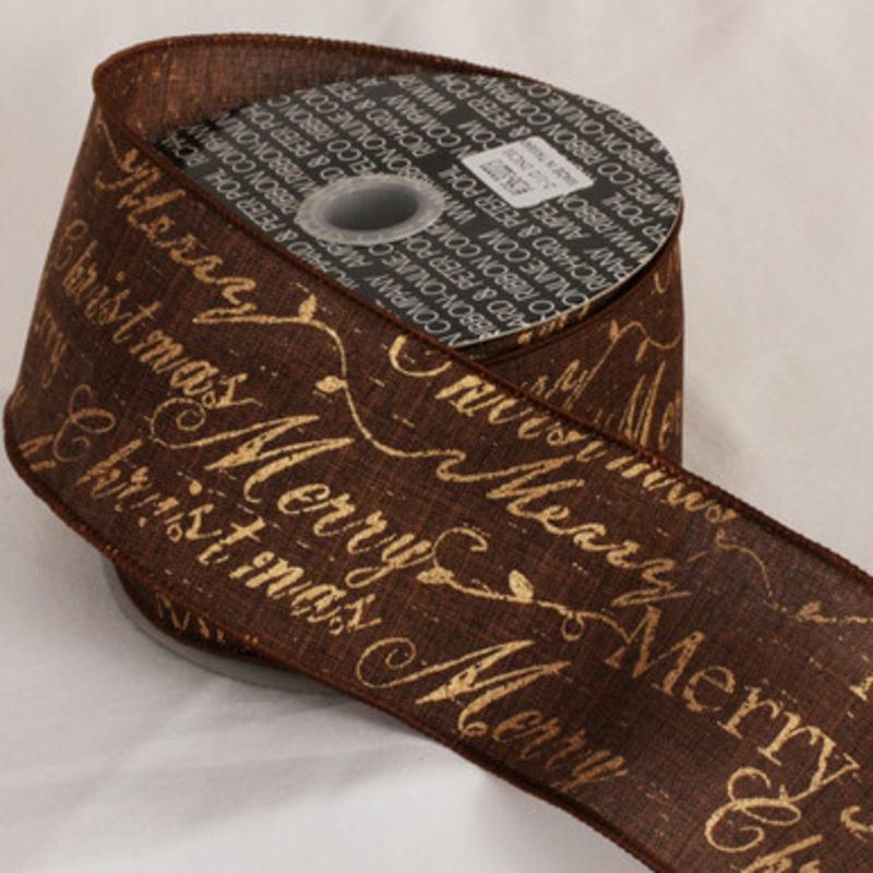 Brown and Gold Merry Christmas Scripted Wired Craft Ribbon 3 x 20 yards