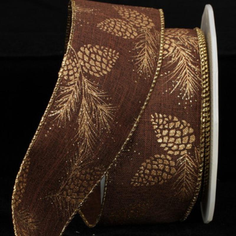 Brown and Gold Pine Cones Wired Craft Ribbon 2.5 x 40 Yards