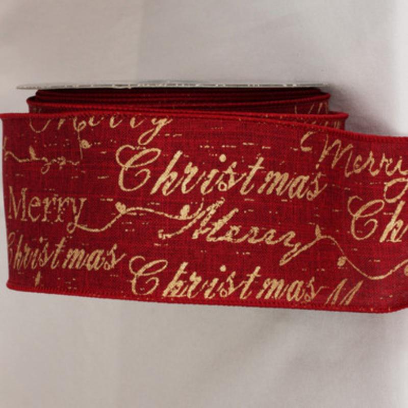 Burgundy Red and Gold Merry Christmas Scripted Wired Craft Ribbon 3 x 20 yards