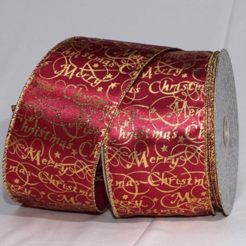 Burgundy Red and Gold Merry Christmas Wired Craft Ribbon 3 x 40 Yards