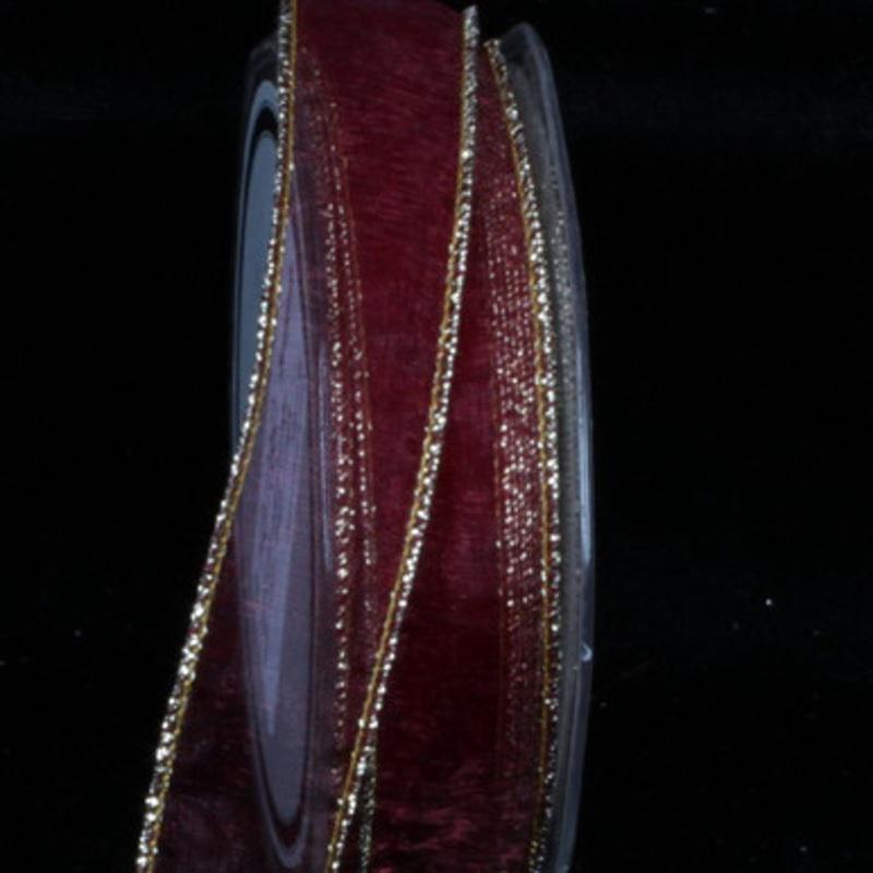 Burgundy Red and Gold Organza Edge Wired Craft Ribbon 1 x 54 Yards