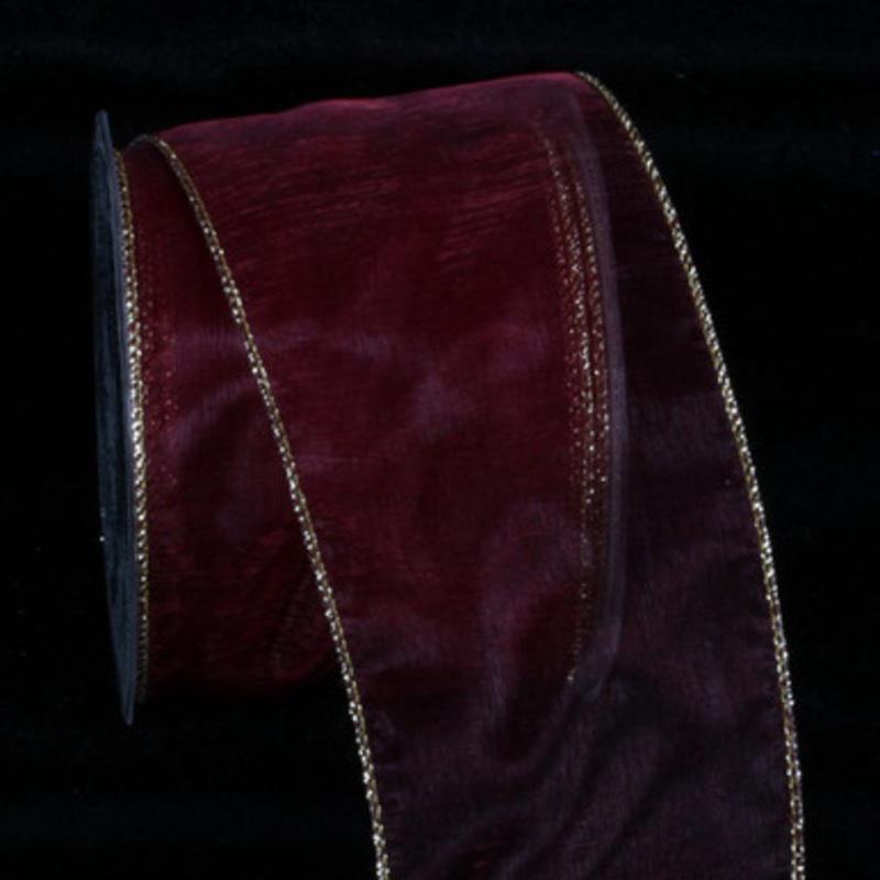 Burgundy Red and Gold Sheer Wired Craft Ribbon 3 x 27 Yards