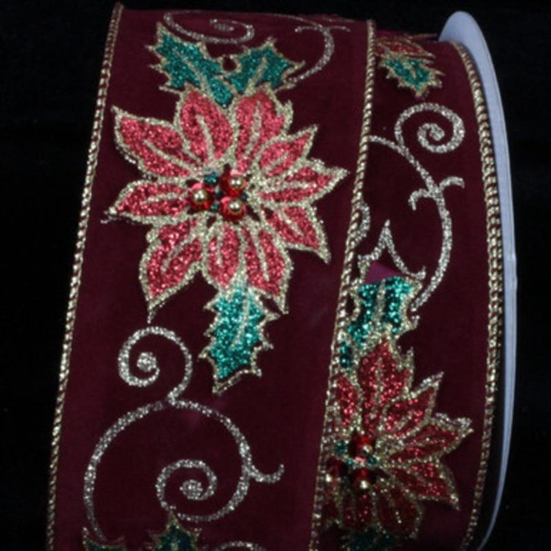 Burgundy Red and Green Poinsettia Appliques Wired Craft Ribbon 2.5 x 10 Yards