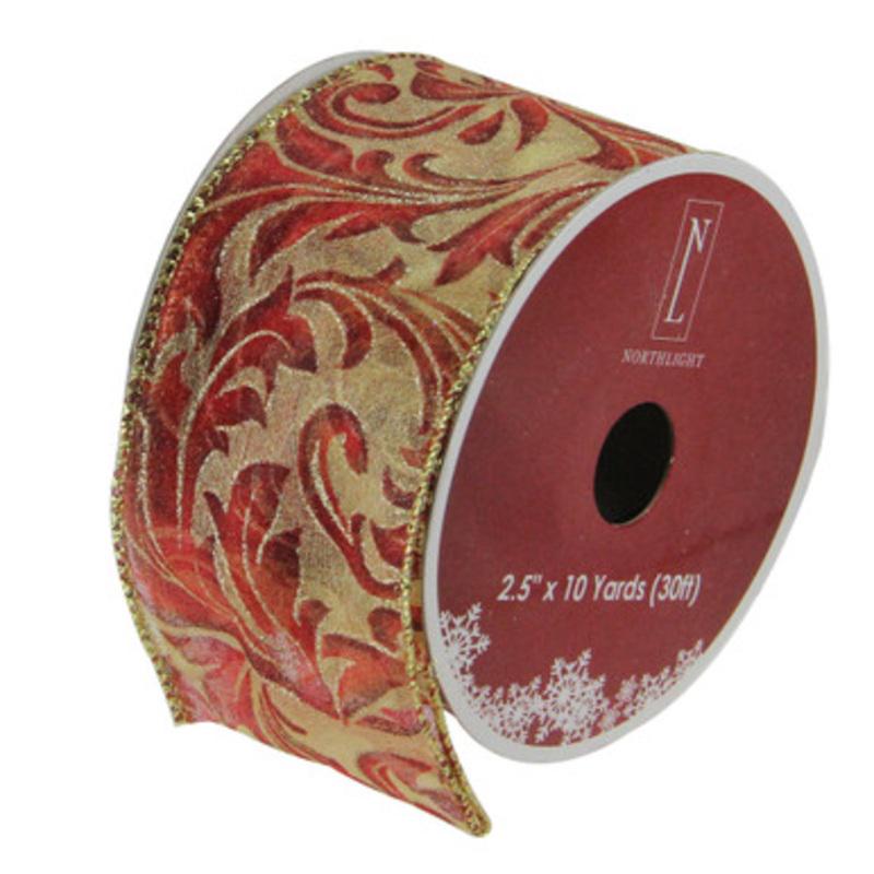 Burgundy Red Scroll Print Gold Wired Mesh Christmas Craft Ribbon 2.5 x 10 Yards