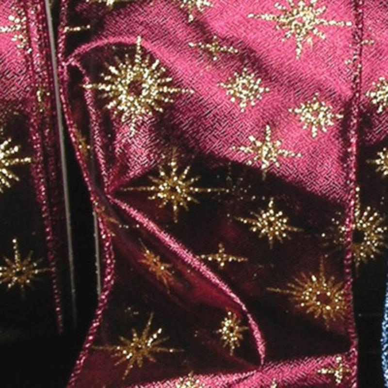 Bordeaux Red and Gold Glittered Star Lame Wired Craft Ribbon 2 x 40 Yards