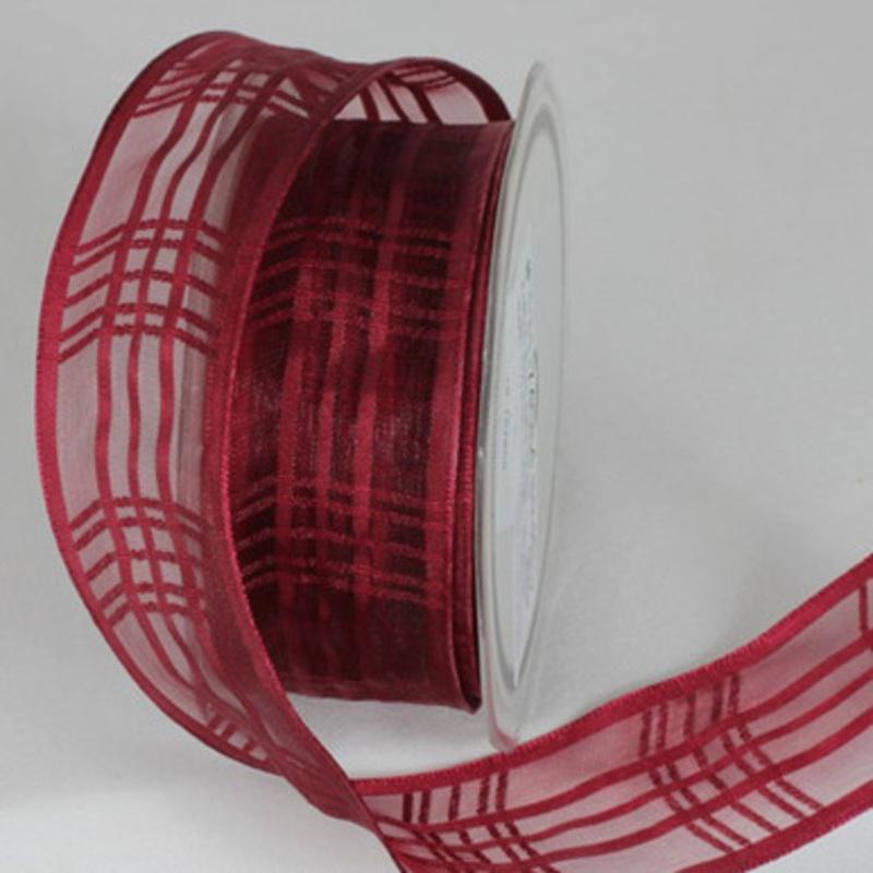 Bordeaux Red Plaid Patterned French Wired Craft Ribbon 1.5 x 25 Yards
